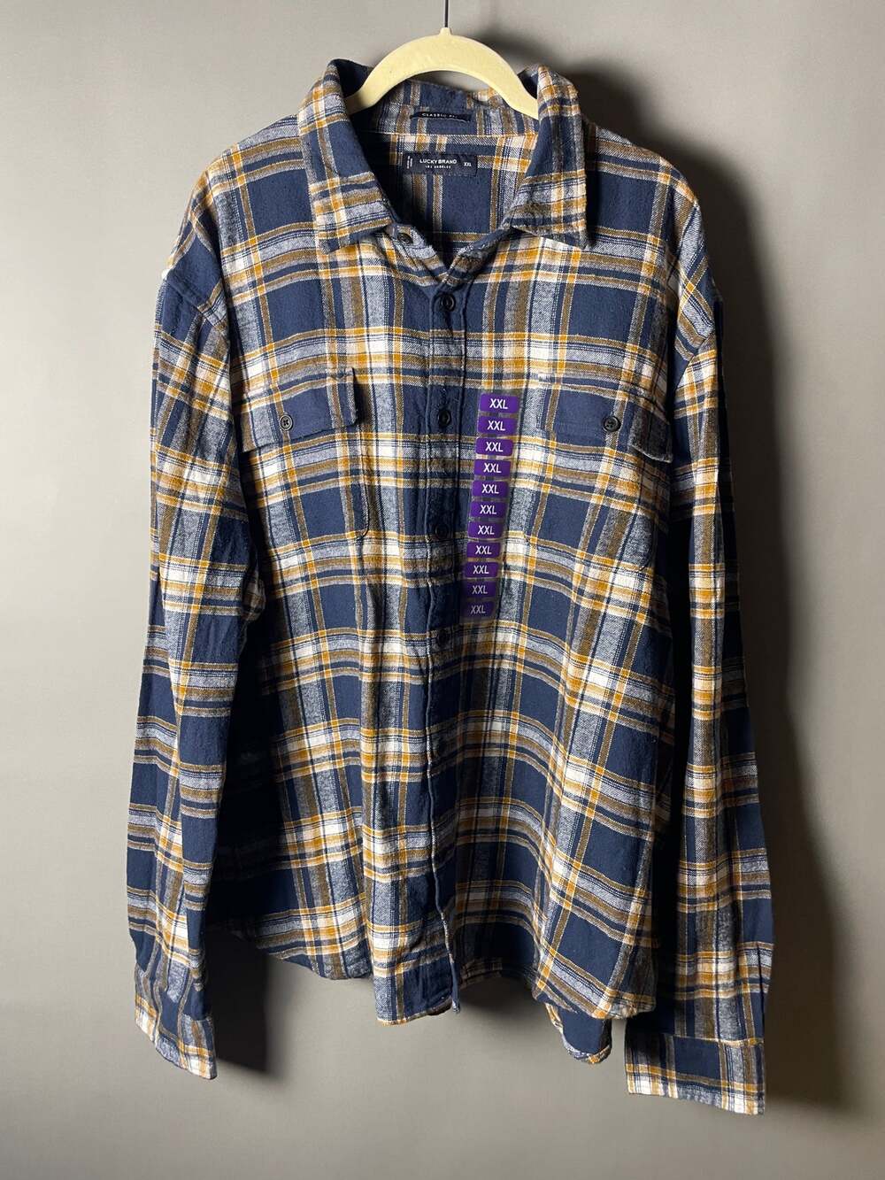 Lucky Brand Mens XXL Flannel Shirt Blue Mustard Plaid Cotton Classic Fit